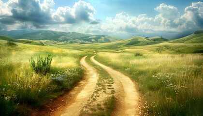 A dirt road winds through a grassy field with mountains in the background - Powered by Adobe