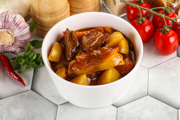Homemade beef hungarian goulash with potato