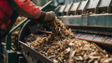 A closeup shot of a worker loading chopped wood or plant material into a large shredder symbolizing the mechanical breakdown of biomass into smaller pieces. . - obrazy, fototapety, plakaty