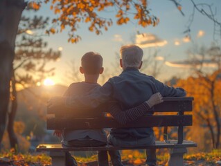 Senior Man and Young Boy Enjoying Sunset in Park - Intergenerational Bonding