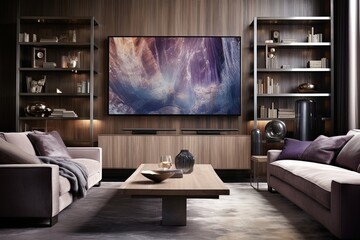 Nordic Wood Media Console & Shimmering Wall Textiles: Northern Lights Inspired Media Room Designs