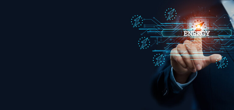 Businessman hand touching virtual graphical interface of energy. Idea for digital solution and development, intelligence in energy global transformation concept.