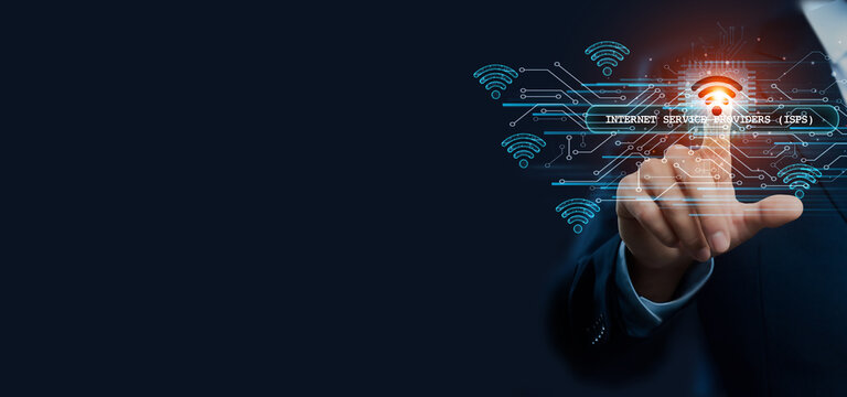 Businessman hand touching virtual graphical interface of Internet Service Providers (ISPs) innovation. Idea for seamless connectivity solution and advanced networking technology.