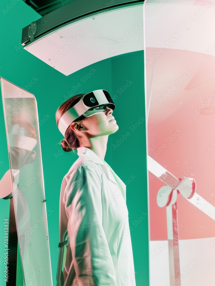 Poster young female scientist using virtual reality technology in futuristic laboratory setting