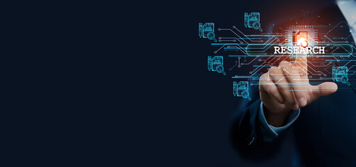 Businessman hand touching virtual graphical interface of research. Idea for groundbreaking...