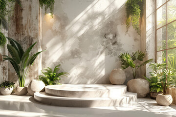 Product podium with marble texture, window on the right side of the room, spring flowers in a vase. Created with Ai