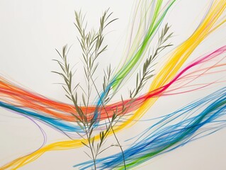 Abstract Vibrant Color Ribbons with Plant Silhouette - Artistic Background Concept