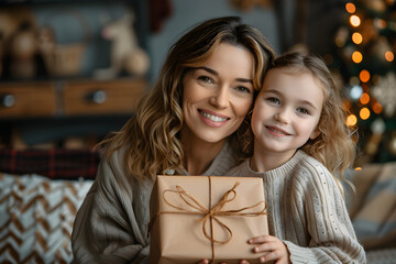 Fototapeta na wymiar Mother and daughter holding gift box at home, celebrating special occasion