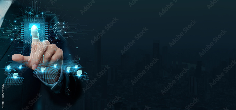 Poster businessman touching the brain working of consulting in the realm of technology and innovation on da