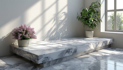 Modern living room with marble table and flowers pots. Created with Ai