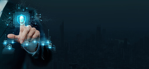 Businessman touching the brain working of cybersecurity in the realm of digital innovation and technological advancements on network protection and data safeguarding strategies.