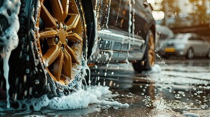Using a sponge to clean the wheels at the car wash - obrazy, fototapety, plakaty