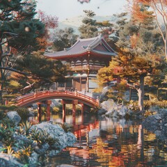 Nighttime Serenity: Japanese Garden in Autumn, Spring, and Night, Embracing Ancient Japanese Architecture and Oriental Culture, Nestled by a Tranquil Lake