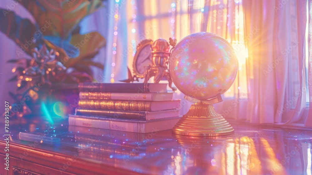 Poster cozy evening study session with glowing globe and book stack