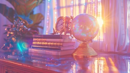 Cozy Evening Study Session with Glowing Globe and Book Stack