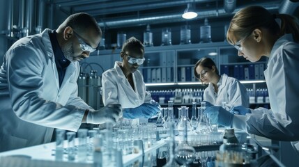 A group of scientists in a laboratory carefully analyzing and testing samples of biofuel byproducts. Beakers tubes and other equipment are visible on the tables conveying the scientific . - obrazy, fototapety, plakaty