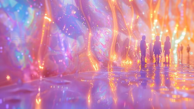 Diverse Group of People Exploring a Vibrant, Glowing Art Installation at Dusk - Powered by Adobe