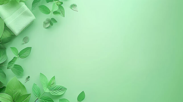 A green background with a bunch of leaves and a green towel. The towel is on the left side of the image