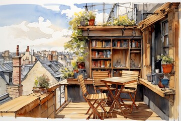 Fototapeta na wymiar Parisian Rooftop Cafe: Skyline Sketches and Reclaimed Wood Shelving Delights