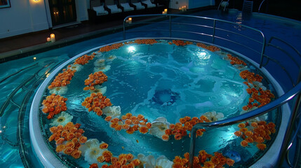 A pool with flowers in it. The pool is surrounded by a metal railing. The flowers are orange and white