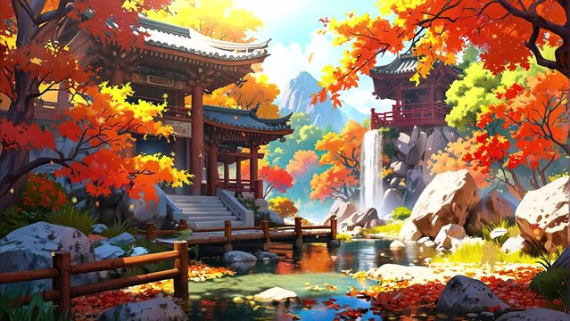 japanese temple at morning autumn park