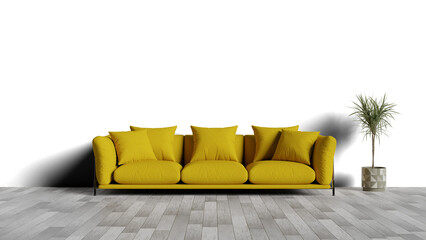 a yellow couch with pillows and a potted plant