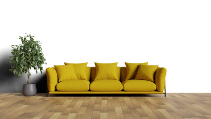 a yellow couch sitting next to a potted plant