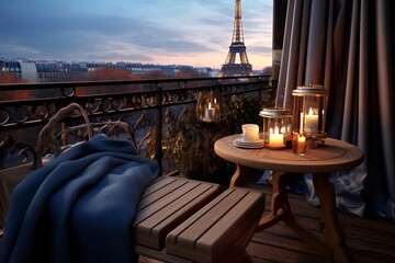 Parisian Rooftop Cafe Terrace: Eiffel Tower View with Cozy Throws Design