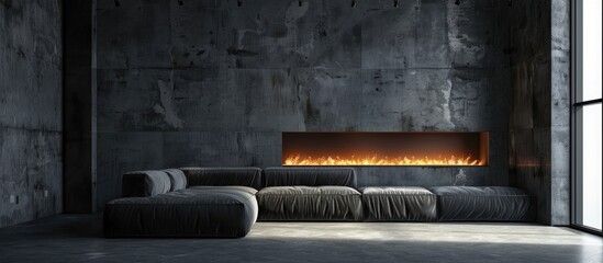Obraz premium A gray velour sofa is surrounded by bright light coming from an artificial fireplace in a dark room with concrete walls, typical of a loft interior.