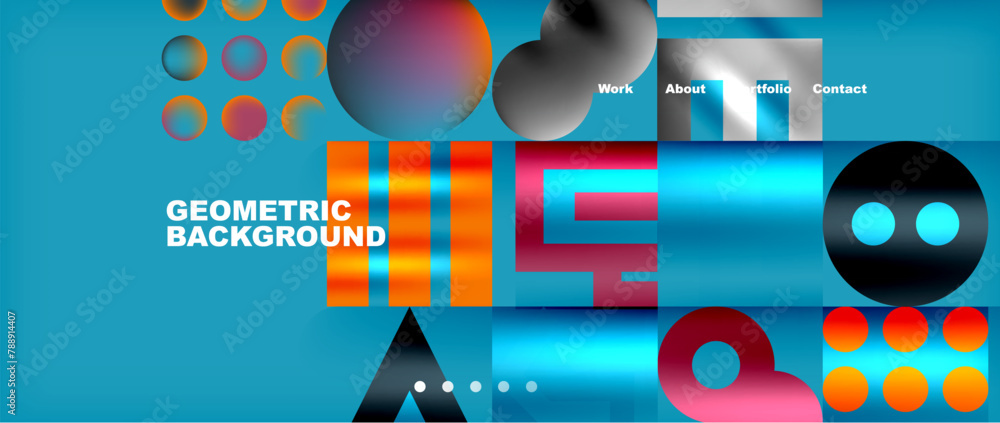 Aufkleber Vibrant aqua and magenta geometric shapes formed a pattern on an electric blue background, creating an entertaining design with colorful circles and bold font