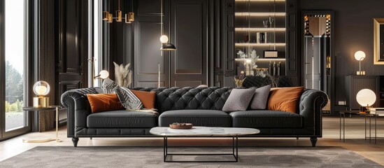 Comfortable dark sofa is featured in a stylish living room interior.