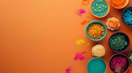 Obraz premium Minimalist and vibrant portrayal of Holi festival snacks and Thandai, with turquoise accents adding a playful touch against an orange backdrop