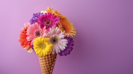 Creative ice cream cone bouquet with a rainbow of gerbera flowers against a pastel pink backdrop, embodying the joy of LGBTQ Pride Month