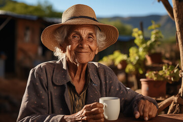 Fototapeta premium beautiful grandmother with friendly face with a cup of coffee in her hand and a hat, sunny day country background.