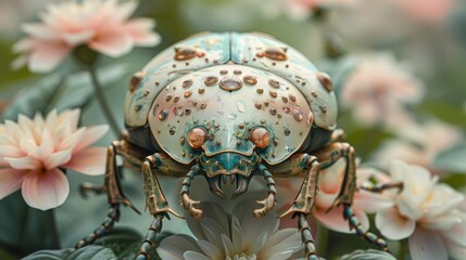 Obraz premium A beautiful ornate steampunk beetle on a flower.
