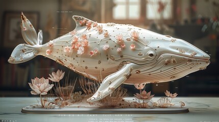 A beautiful sculpture of a whale, made of white marble and decorated with pink flowers. - Powered by Adobe