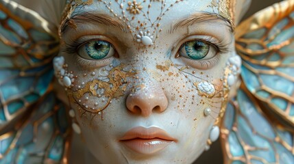 A beautiful woman with blue eyes and gold and white face paint.