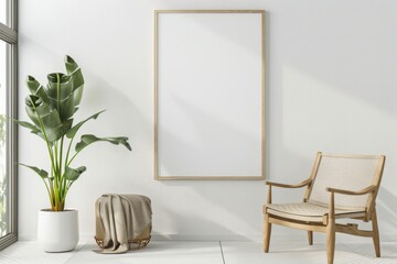 Scandinavian style living room with poster mockup created with generative ai