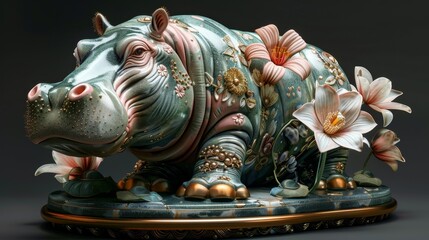 Fototapeta premium A bejeweled hippopotamus figurine, adorned with flowers and pearls, stands on a marble pedestal.