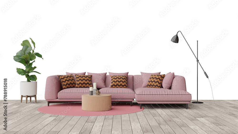 Wall mural a pink couch with pillows and a table