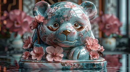 A blue and white porcelain figurine of a panda with pink flowers