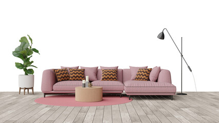 a pink couch with pillows and a table
