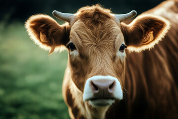 Fototapeta premium cow young animal nature red country field farm grass bull green summer little