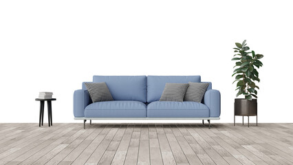 a blue couch sitting on top of a wooden floor