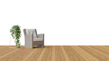 a chair and a plant on a wooden floor