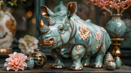 A close up of a ceramic rhinoceros with gold accents sitting on a table with a pink flower and other ceramic objects.