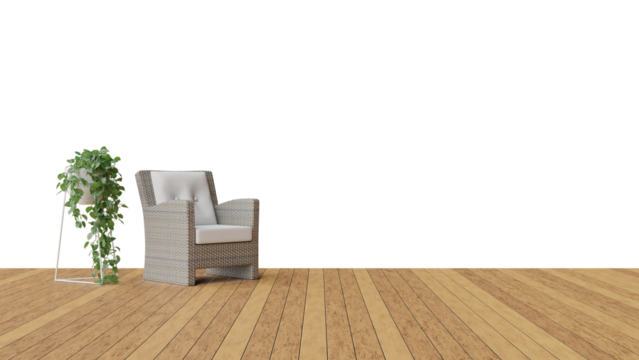a chair and a plant on a wooden floor