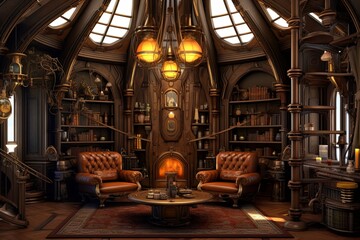 Zeppelin Chandeliers and Victorian Rugs: Steampunk Home Library Concepts - obrazy, fototapety, plakaty