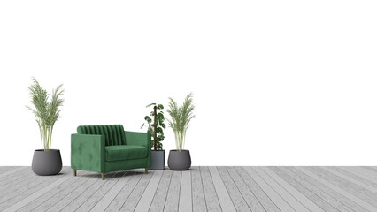 a green chair and two planters on a wooden floor