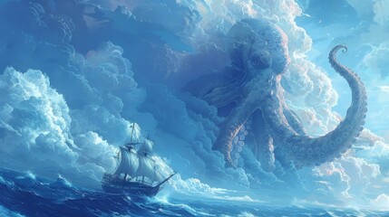 A giant octopus made of clouds looms over a small wooden sailing ship in the middle of the ocean.